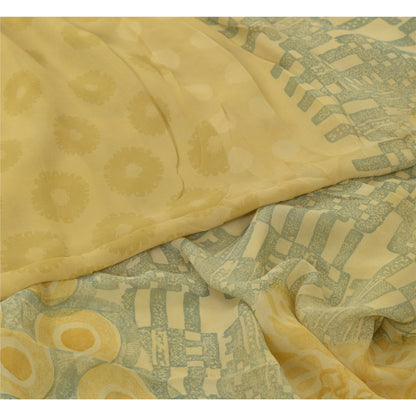 Sanskriti Vintage Sarees Gray/Cream Printed Pure Georgette Silk Sari 5yd Sustainable Fabric