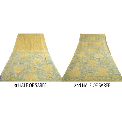 Sanskriti Vintage Sarees Gray/Cream Printed Pure Georgette Silk Sari 5yd Sustainable Fabric