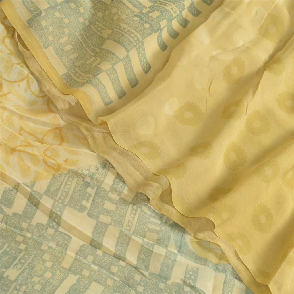 Sanskriti Vintage Sarees Gray/Cream Printed Pure Georgette Silk Sari 5yd Sustainable Fabric