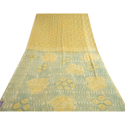 Sanskriti Vintage Sarees Gray/Cream Printed Pure Georgette Silk Sari 5yd Sustainable Fabric