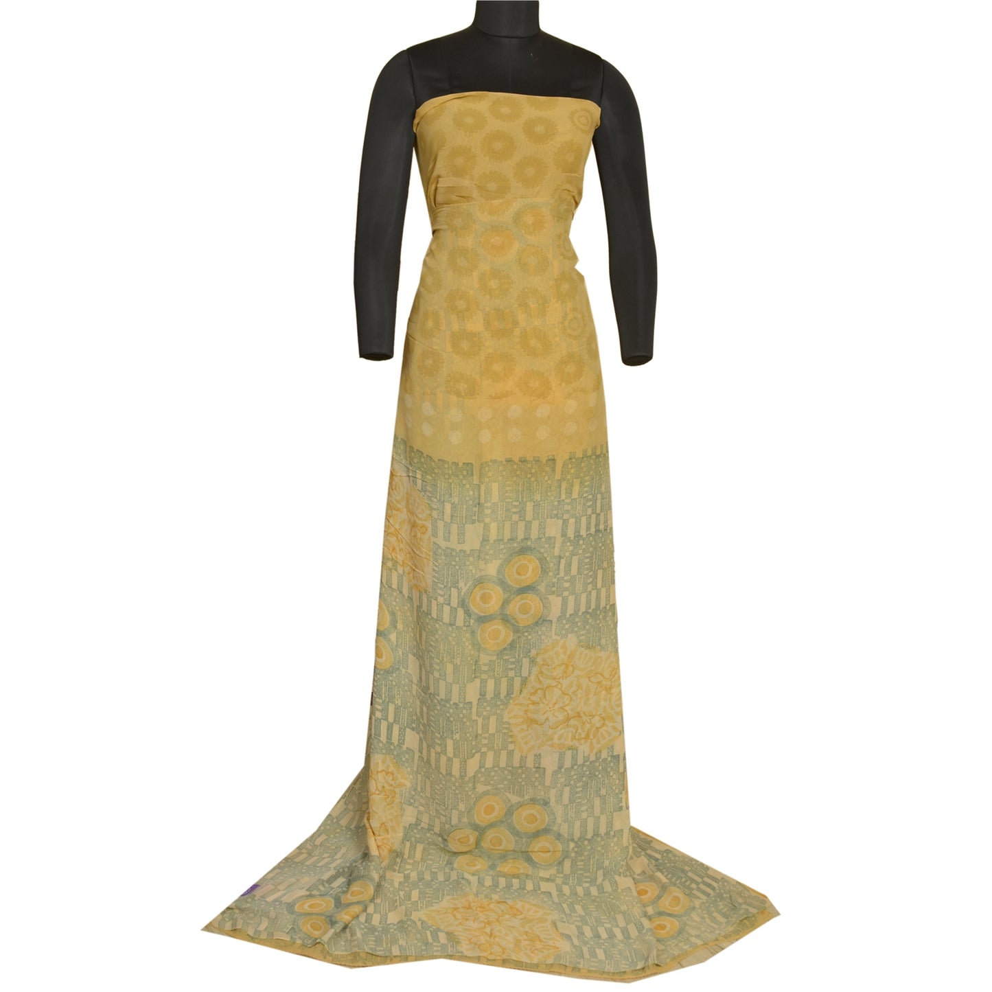 Sanskriti Vintage Sarees Gray/Cream Printed Pure Georgette Silk Sari 5yd Sustainable Fabric