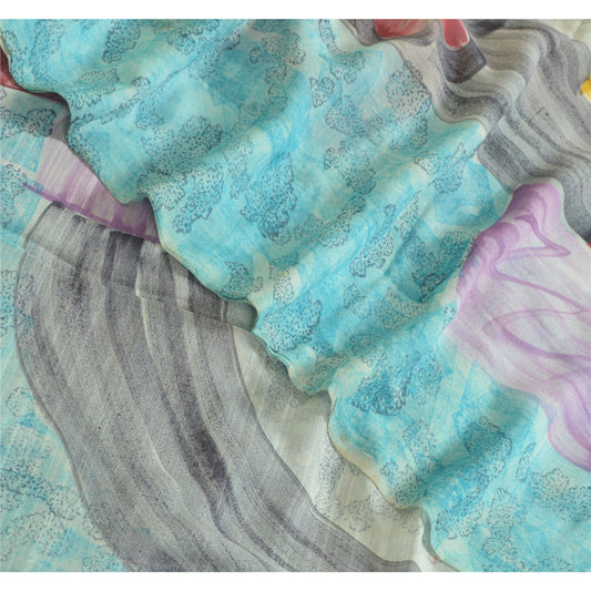 Sanskriti Vintage Sarees Multi Pure Georgette Silk Printed Sari 5yd Craft Sustainable Fabric