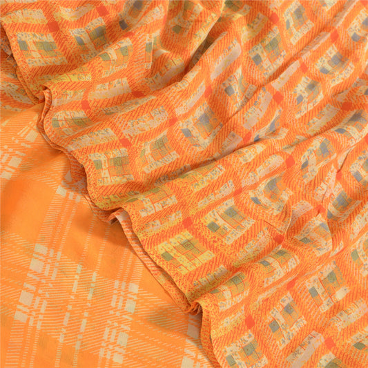Sanskriti Vintage Sarees Orange Pure Georgette Silk Printed Sari Craft Sustainable Fabric