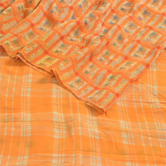 Sanskriti Vintage Sarees Orange Pure Georgette Silk Printed Sari Craft Sustainable Fabric