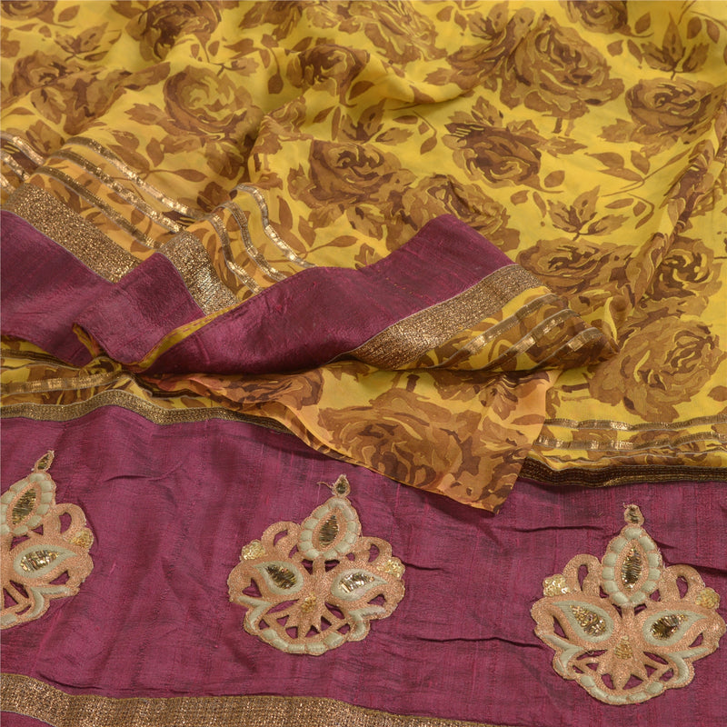 Sanskriti Vintage Sarees Mustard PatchWork Pure Georgette Silk Print Sari Sustainable Fabric