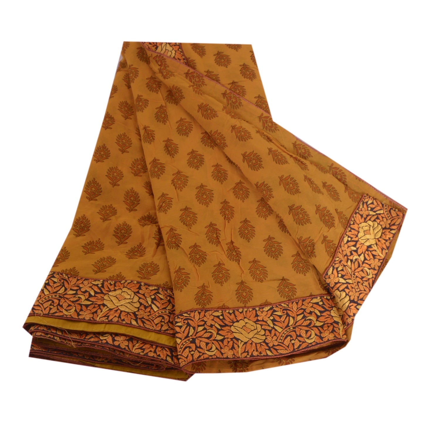 Sanskriti Vintage Sarees Saffron Pure Georgette Silk Printed Sari Craft Sustainable Fabric