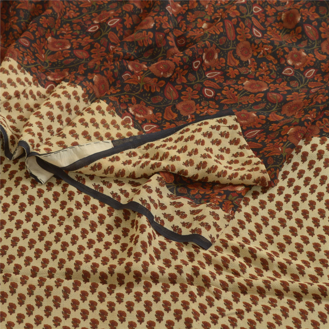 Sanskriti Vintage Sarees Black/Brown Pure Georgette Silk Printed Sari 5yd Fabric