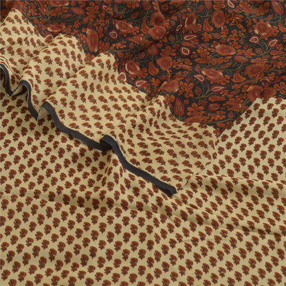 Сари Sanskriti Vintage, черно-коричневое, чистый шелк жоржет, напечатанное сари, 5 ярдов, устойчивая ткань