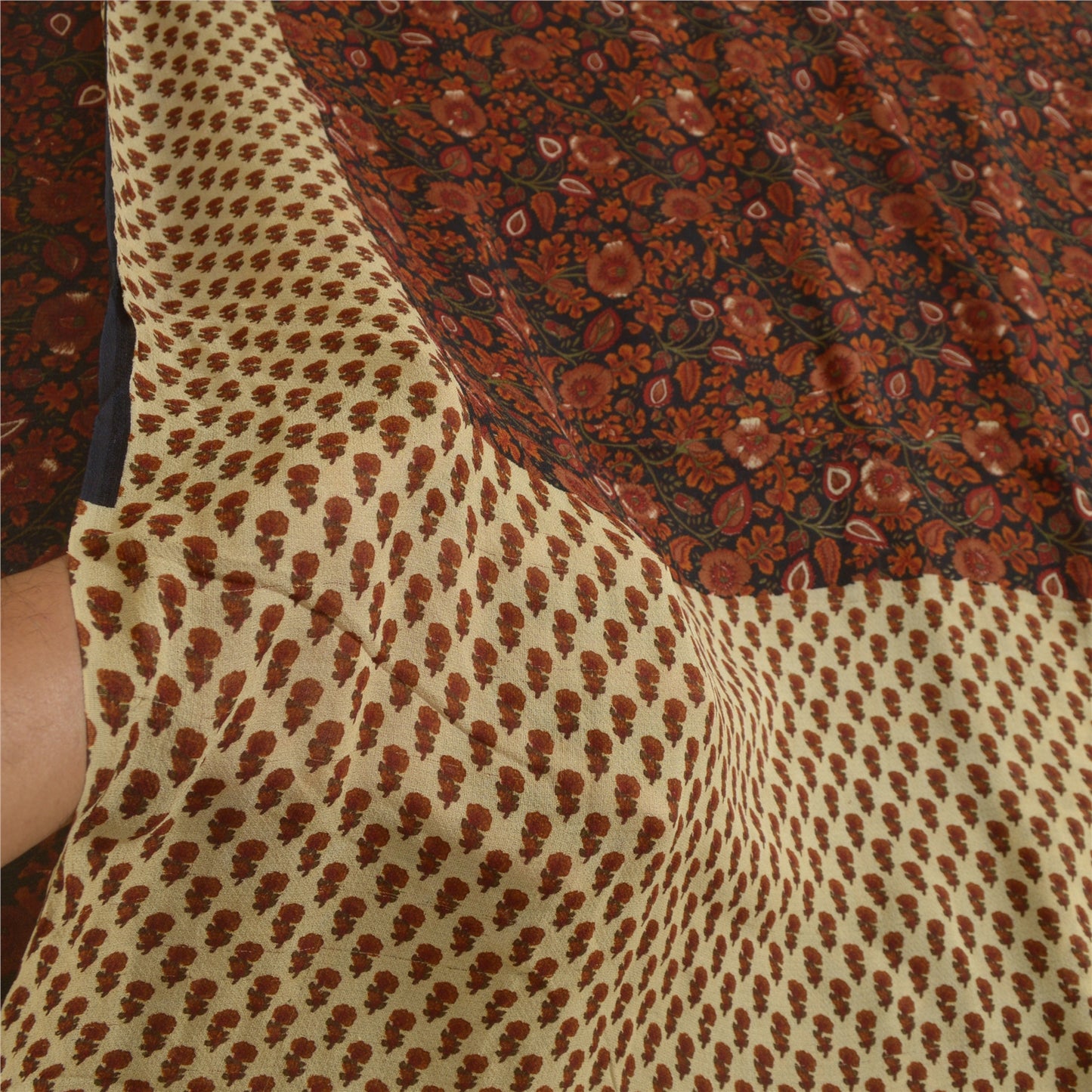 Сари Sanskriti Vintage, черно-коричневое, чистый шелк жоржет, напечатанное сари, 5 ярдов, устойчивая ткань