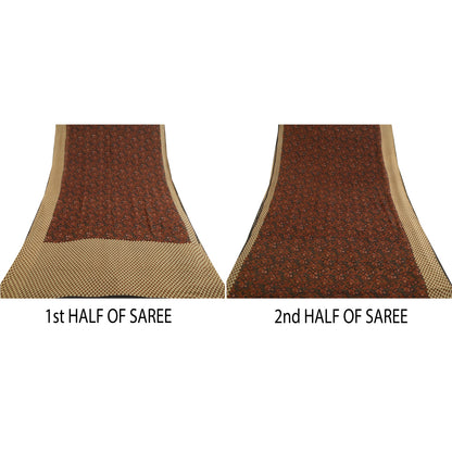 Сари Sanskriti Vintage, черно-коричневое, чистый шелк жоржет, напечатанное сари, 5 ярдов, устойчивая ткань