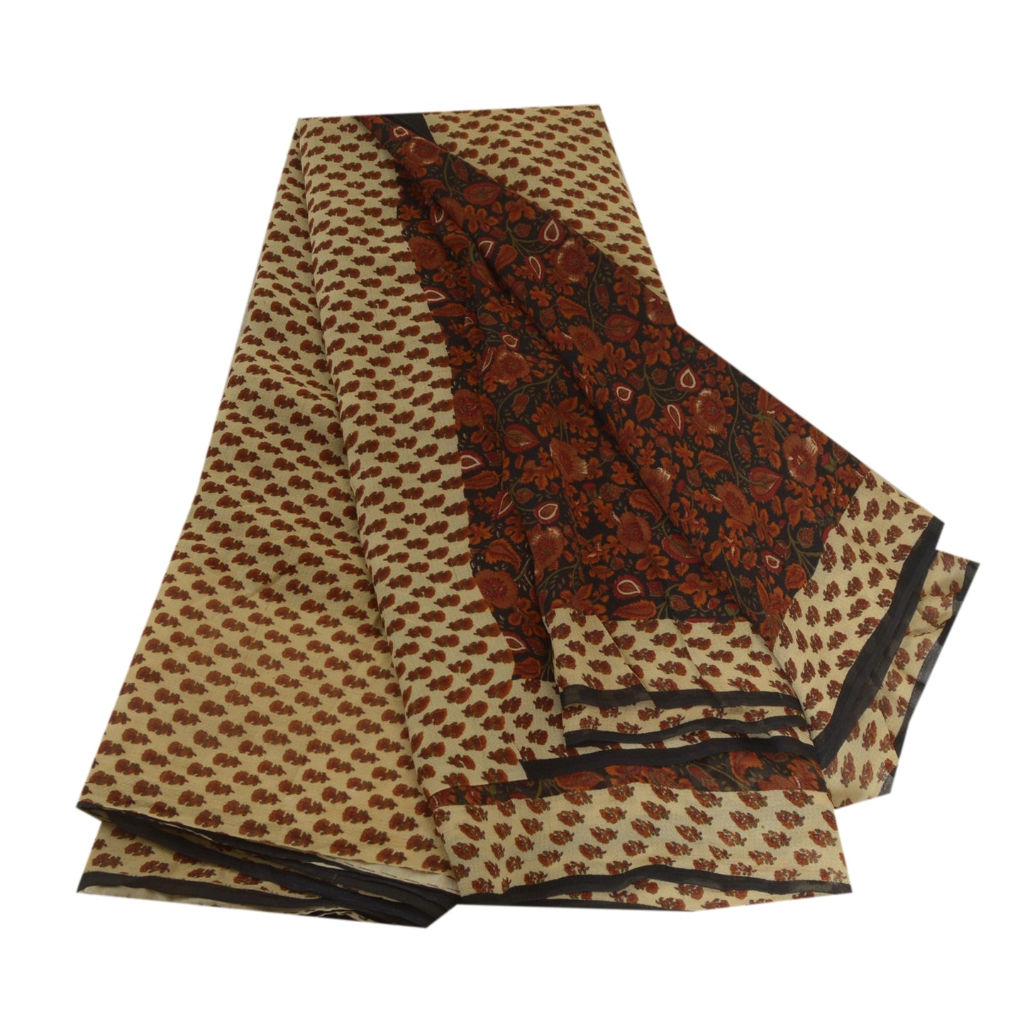 Сари Sanskriti Vintage, черно-коричневое, чистый шелк жоржет, напечатанное сари, 5 ярдов, устойчивая ткань