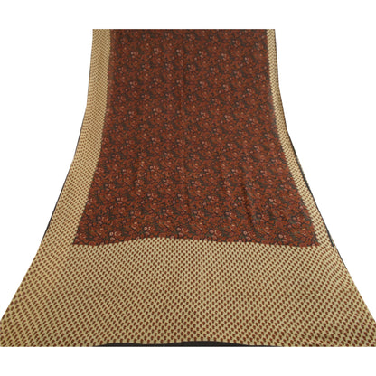 Сари Sanskriti Vintage, черно-коричневое, чистый шелк жоржет, напечатанное сари, 5 ярдов, устойчивая ткань