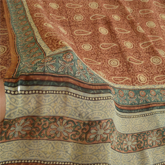 Sanskriti Vintage Sarees Brown Pure Georgette Silk Printed Sari 5yd Craft Sustainable Fabric
