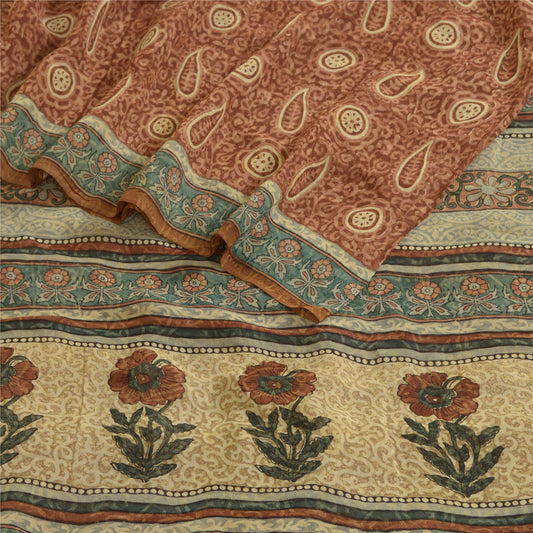 Sanskriti Vintage Sarees Brown Pure Georgette Silk Printed Sari 5yd Craft Sustainable Fabric