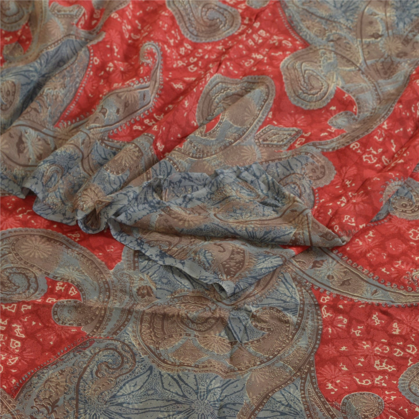 Sanskriti Vintage Sarees Gray/Red Pure Georgette Silk Printed Sari Craft Sustainable Fabric