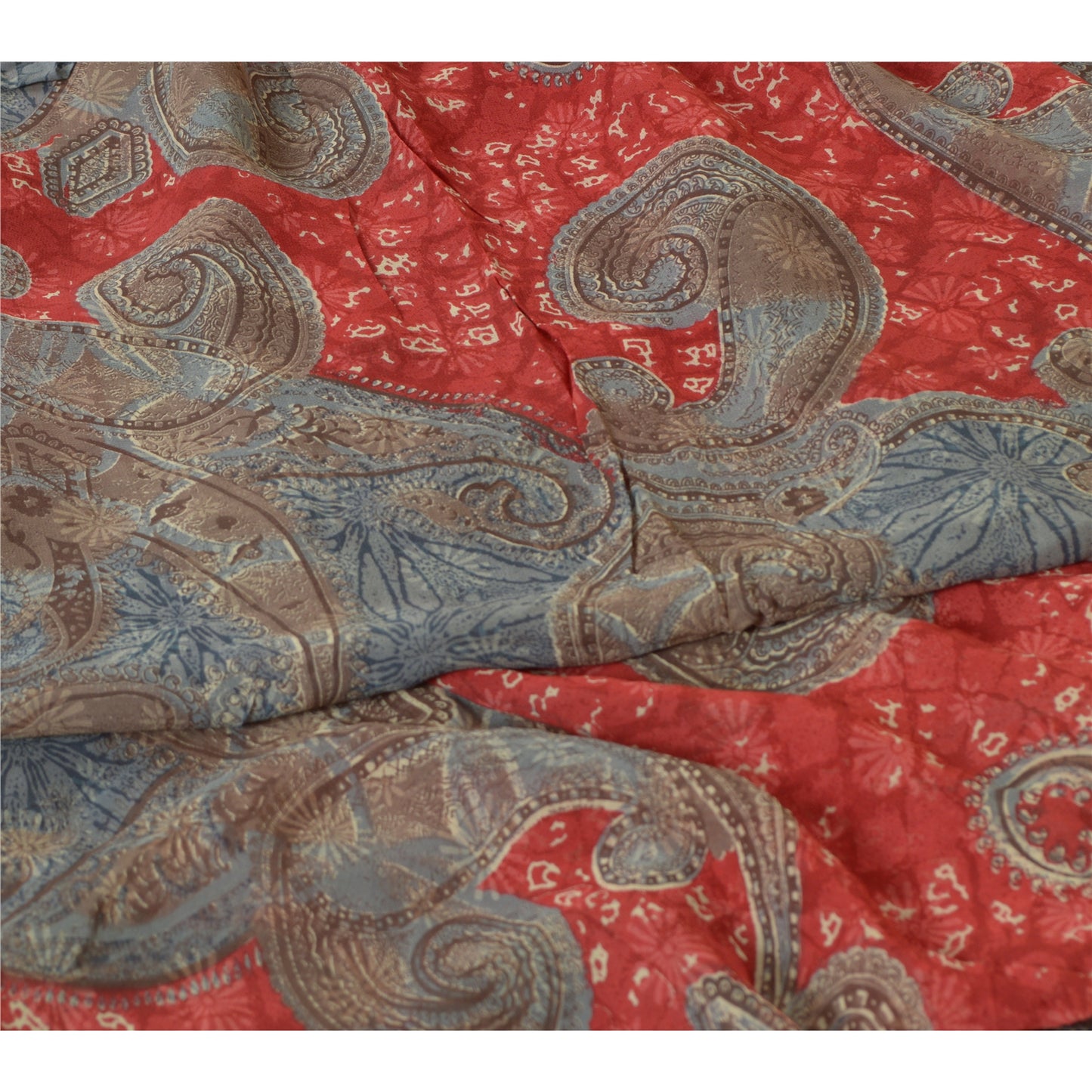 Sanskriti Vintage Sarees Gray/Red Pure Georgette Silk Printed Sari Craft Sustainable Fabric