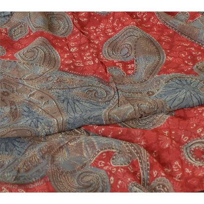 Sanskriti Vintage Sarees Gray/Red Pure Georgette Silk Printed Sari Craft Sustainable Fabric