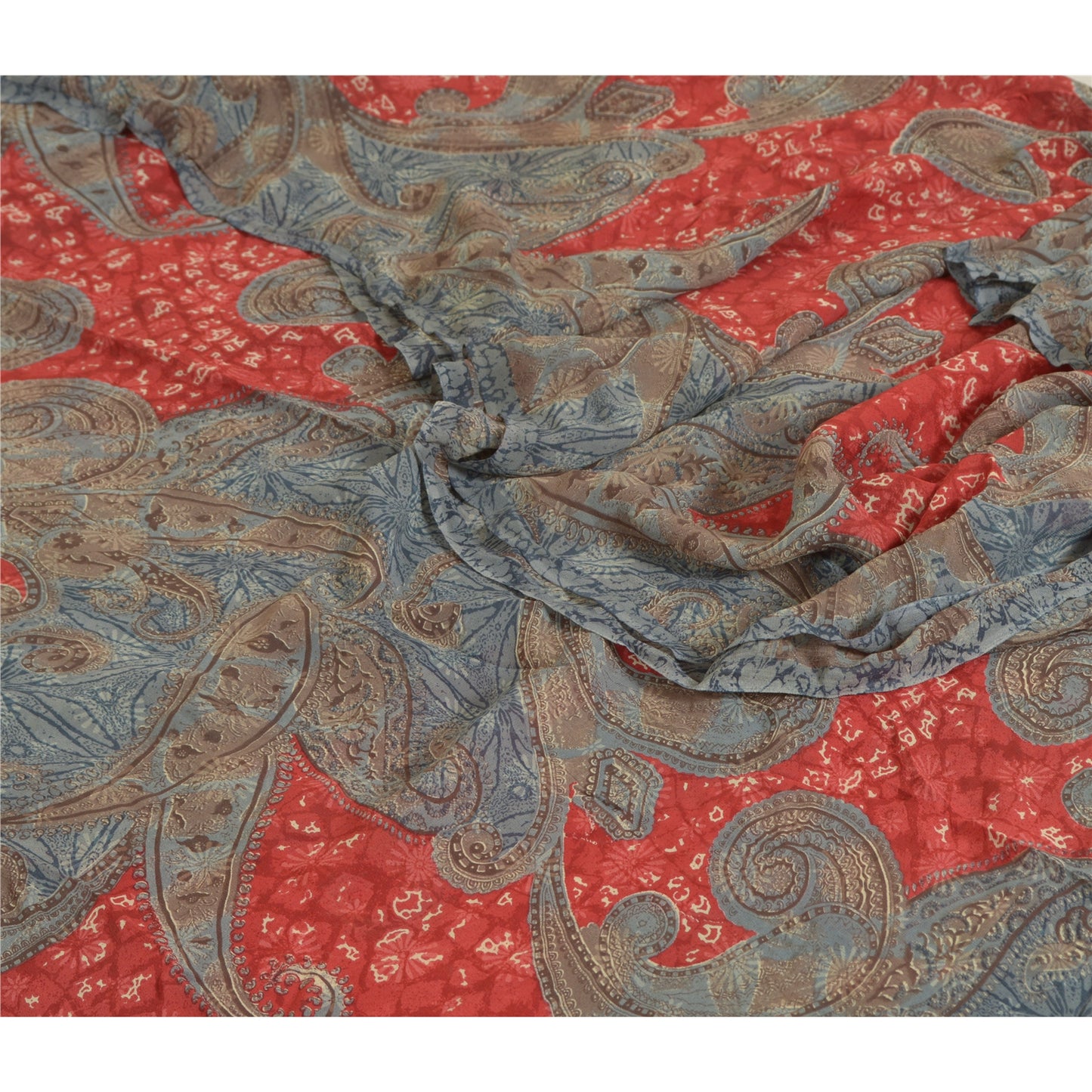 Sanskriti Vintage Sarees Gray/Red Pure Georgette Silk Printed Sari Craft Sustainable Fabric
