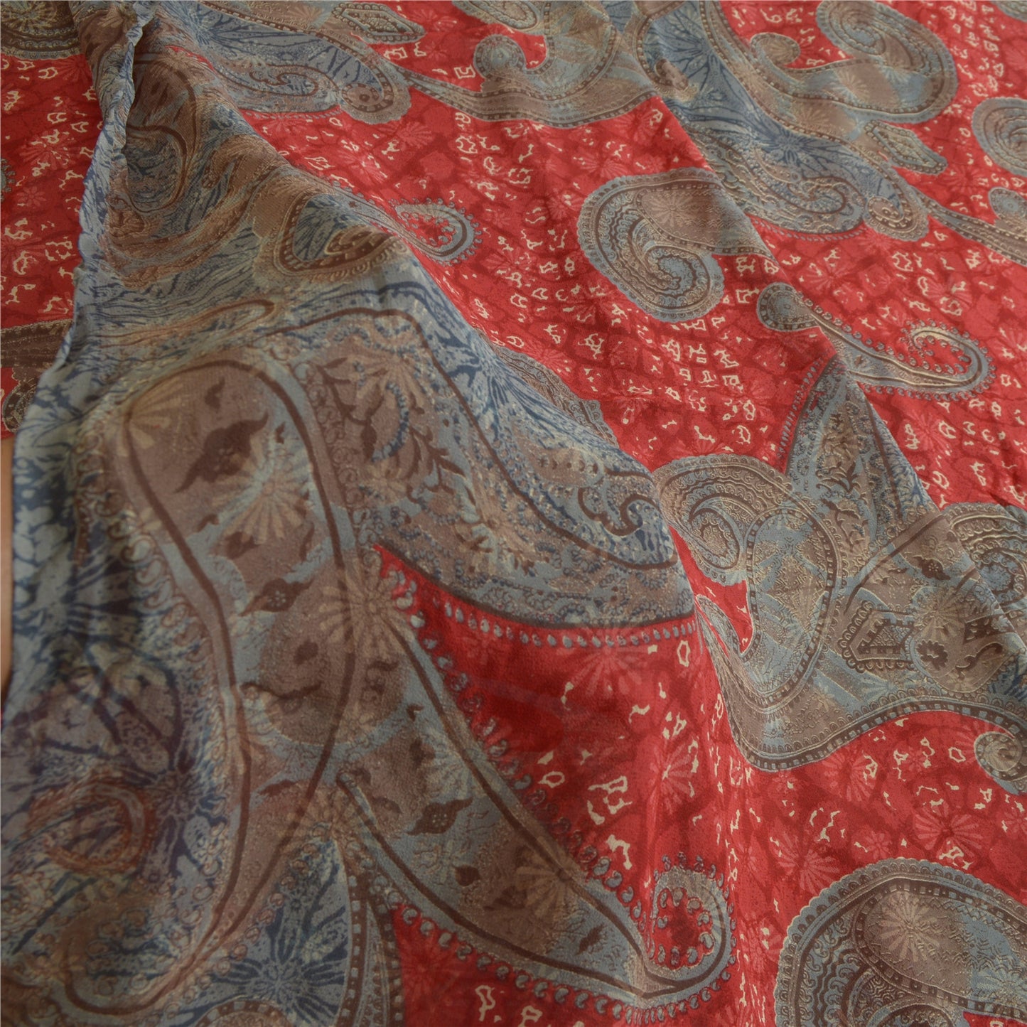 Sanskriti Vintage Sarees Gray/Red Pure Georgette Silk Printed Sari Craft Sustainable Fabric