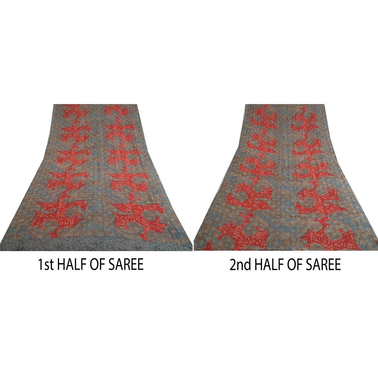 Sanskriti Vintage Sarees Gray/Red Pure Georgette Silk Printed Sari Craft Sustainable Fabric