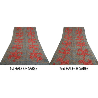 Sanskriti Vintage Sarees Gray/Red Pure Georgette Silk Printed Sari Craft Sustainable Fabric
