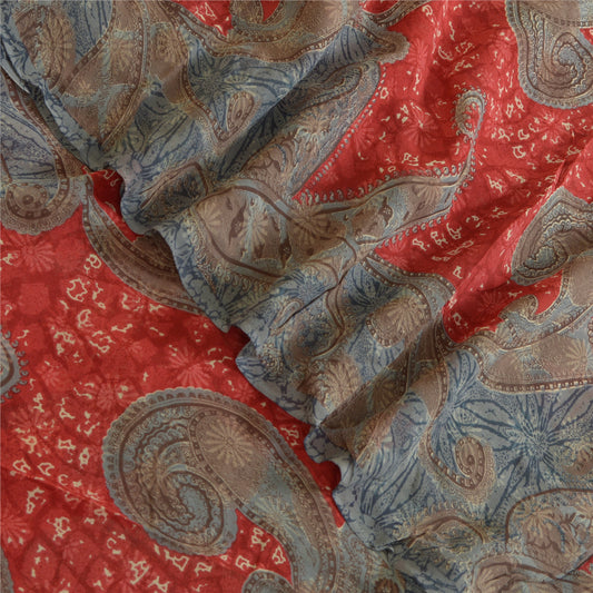 Sanskriti Vintage Sarees Gray/Red Pure Georgette Silk Printed Sari Craft Sustainable Fabric
