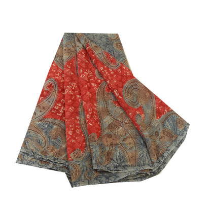 Sanskriti Vintage Sarees Gray/Red Pure Georgette Silk Printed Sari Craft Sustainable Fabric