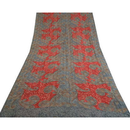 Sanskriti Vintage Sarees Gray/Red Pure Georgette Silk Printed Sari Craft Sustainable Fabric