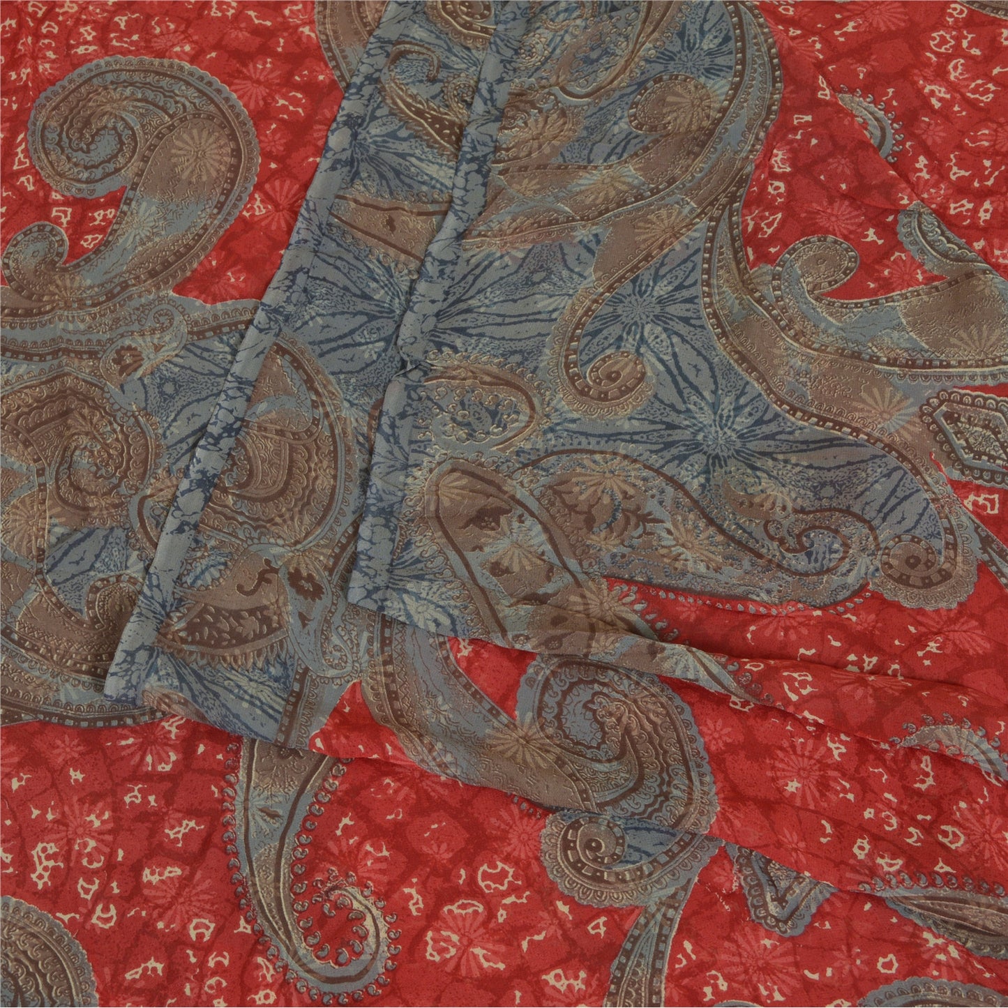 Sanskriti Vintage Sarees Gray/Red Pure Georgette Silk Printed Sari Craft Sustainable Fabric