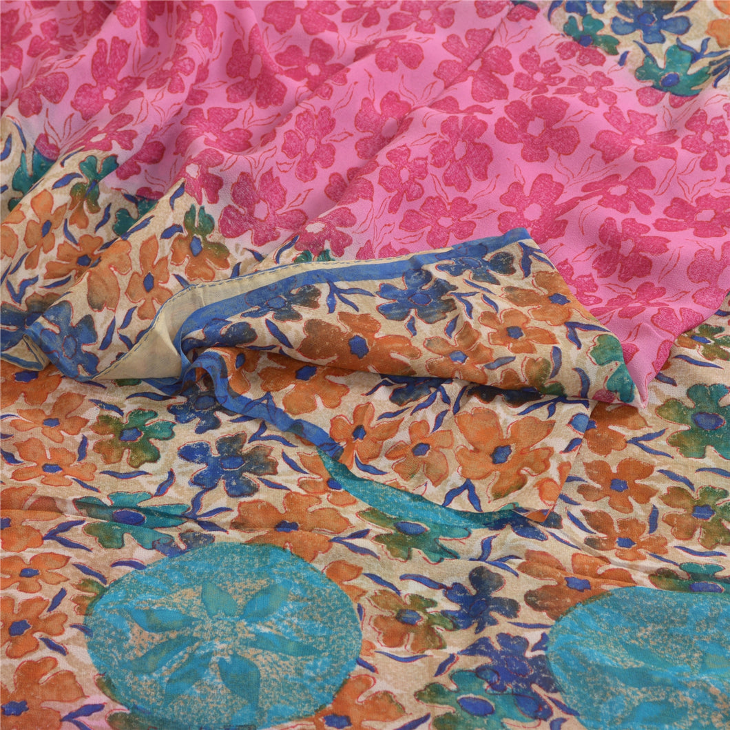 Sanskriti Vintage Sarees Multi Pure Georgette Silk Printed Sari 6yd Craft Fabric