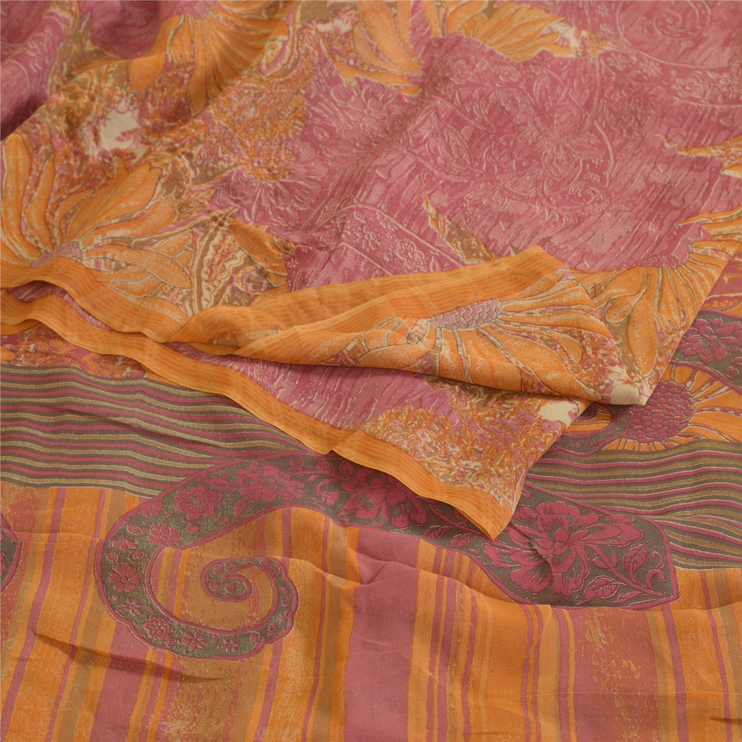 Сари Санскрити Винтаж Шафран/Розовый Чистый Жоржет Шелк Печатный Сари Экологичная Ткань