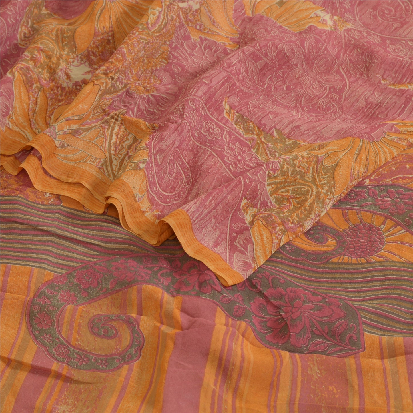 Сари Санскрити Винтаж Шафран/Розовый Чистый Жоржет Шелк Печатный Сари Экологичная Ткань