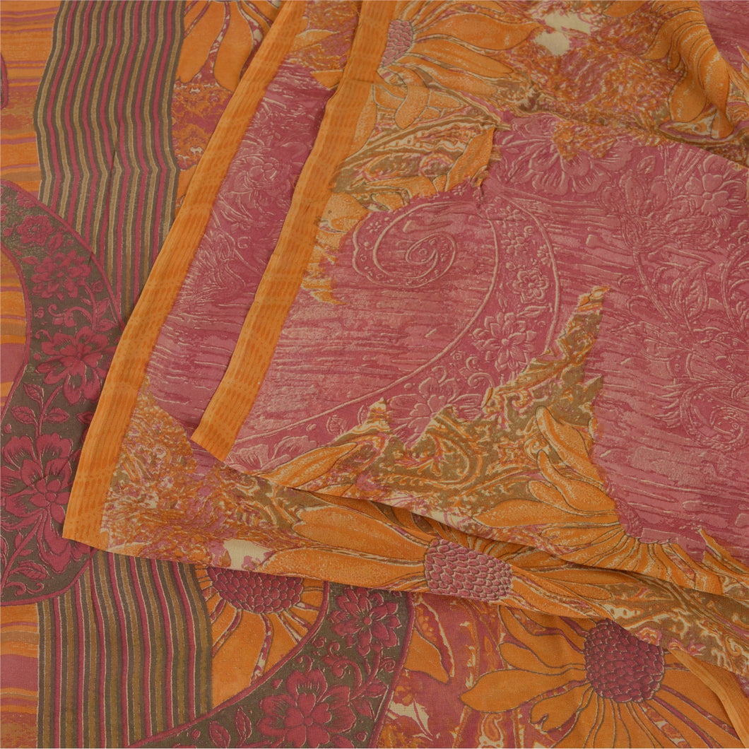Sanskriti Vintage Sarees Saffron/Pink Pure Georgette Silk Printed Sari Fabric