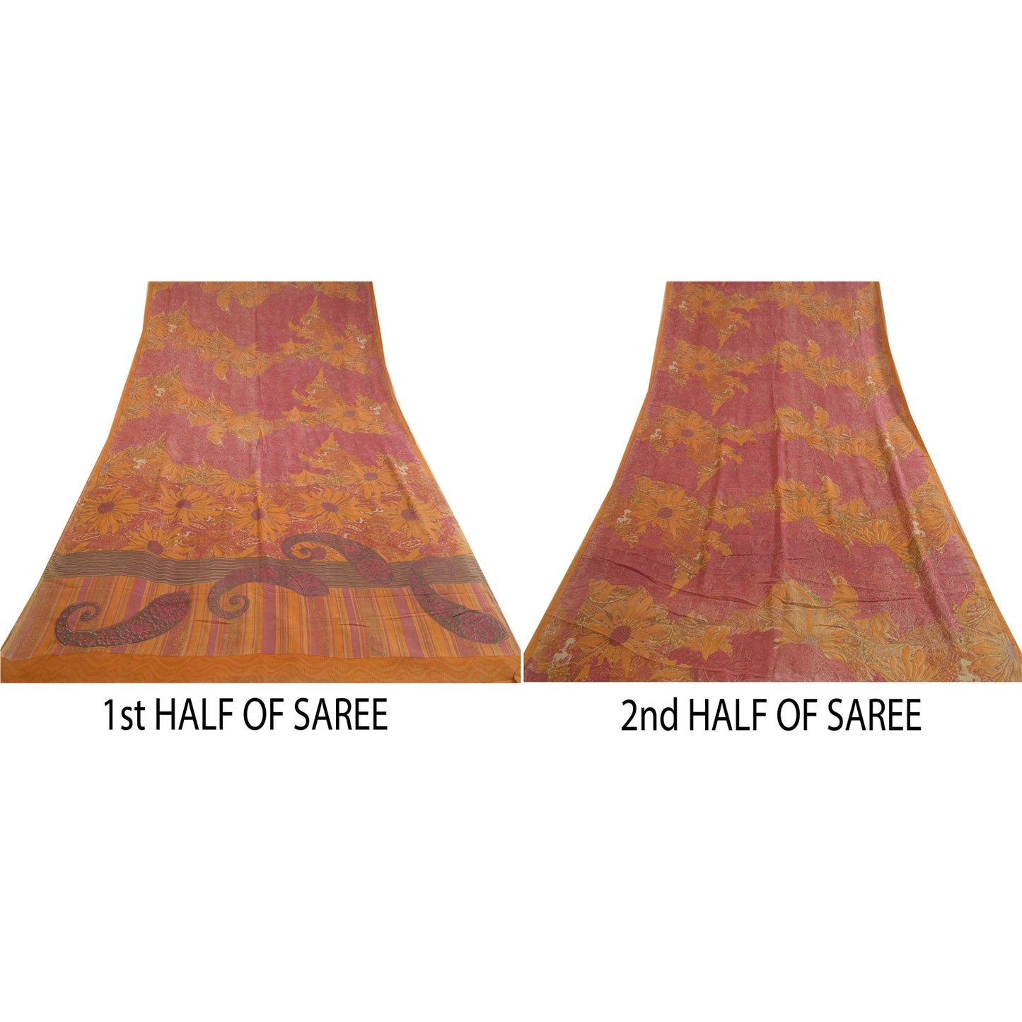 Сари Санскрити Винтаж Шафран/Розовый Чистый Жоржет Шелк Печатный Сари Экологичная Ткань