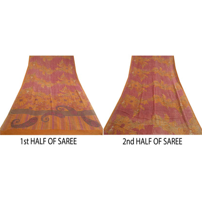 Сари Санскрити Винтаж Шафран/Розовый Чистый Жоржет Шелк Печатный Сари Экологичная Ткань