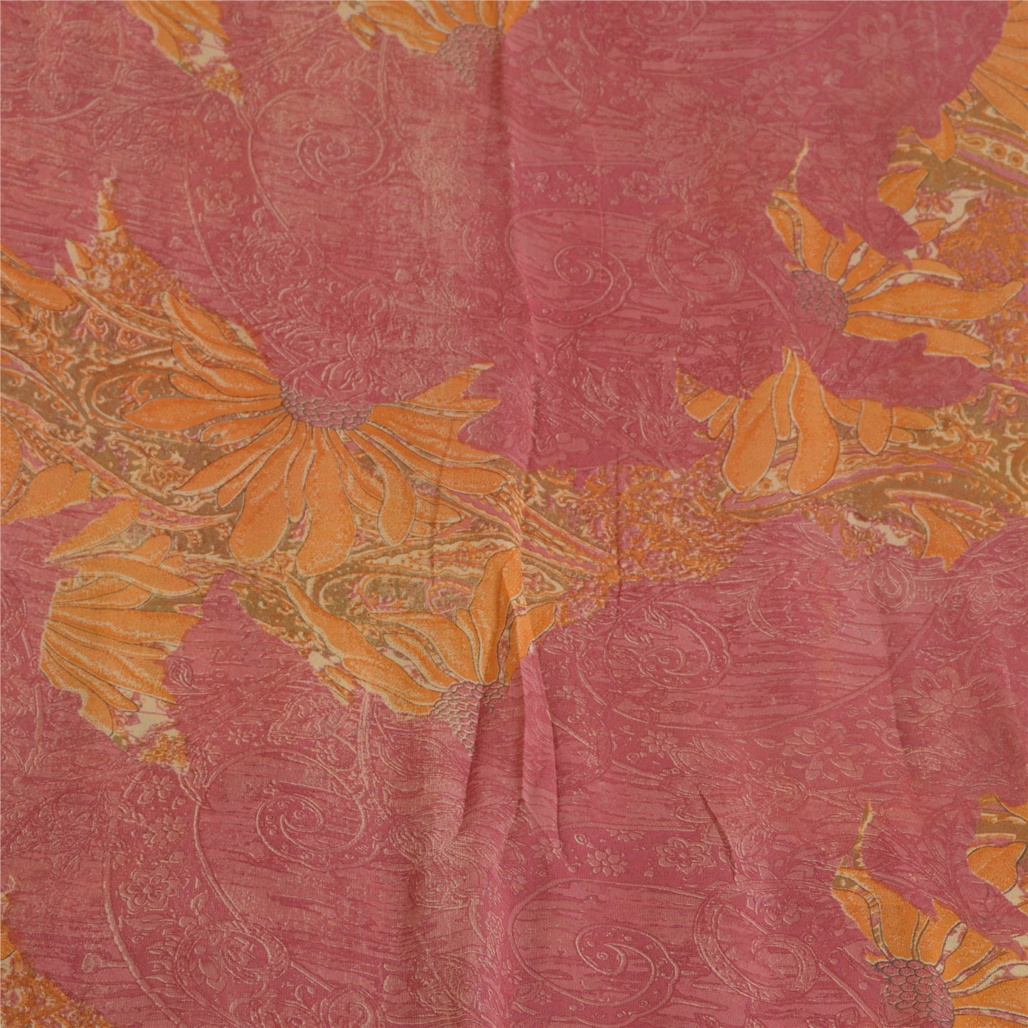 Сари Санскрити Винтаж Шафран/Розовый Чистый Жоржет Шелк Печатный Сари Экологичная Ткань