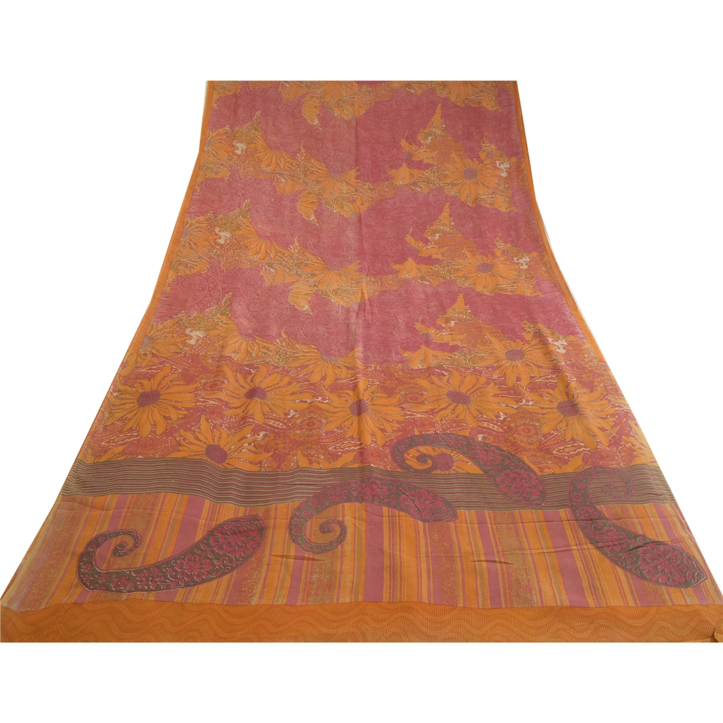 Сари Санскрити Винтаж Шафран/Розовый Чистый Жоржет Шелк Печатный Сари Экологичная Ткань