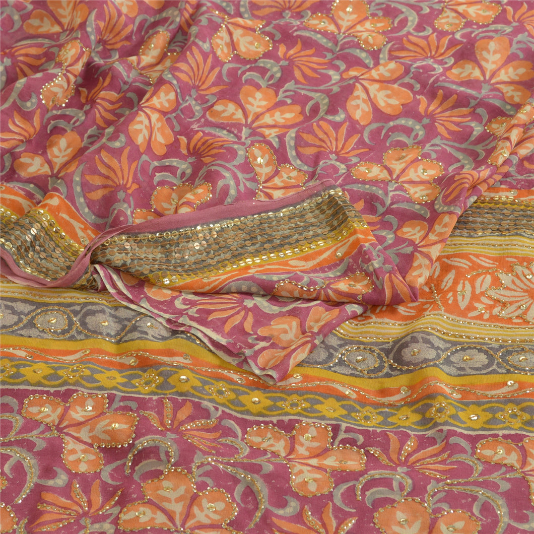 Sanskriti Vintage Sarees Purple Hand Beaded Pure Georgette Printed Sari Fabric