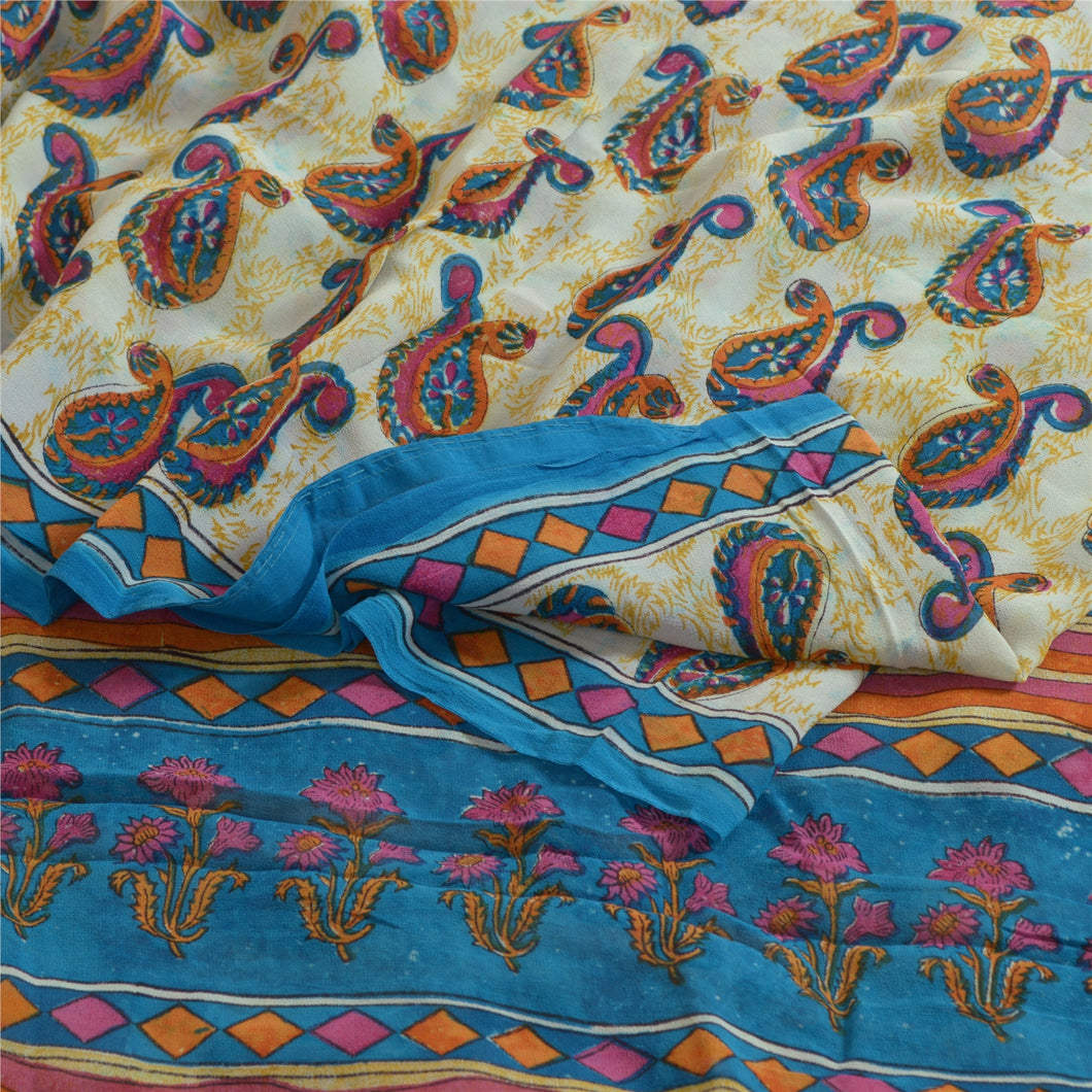 Sanskriti Vintage Sarees Ivory Pure Georgette Silk Printed Sari 5yd Craft Fabric