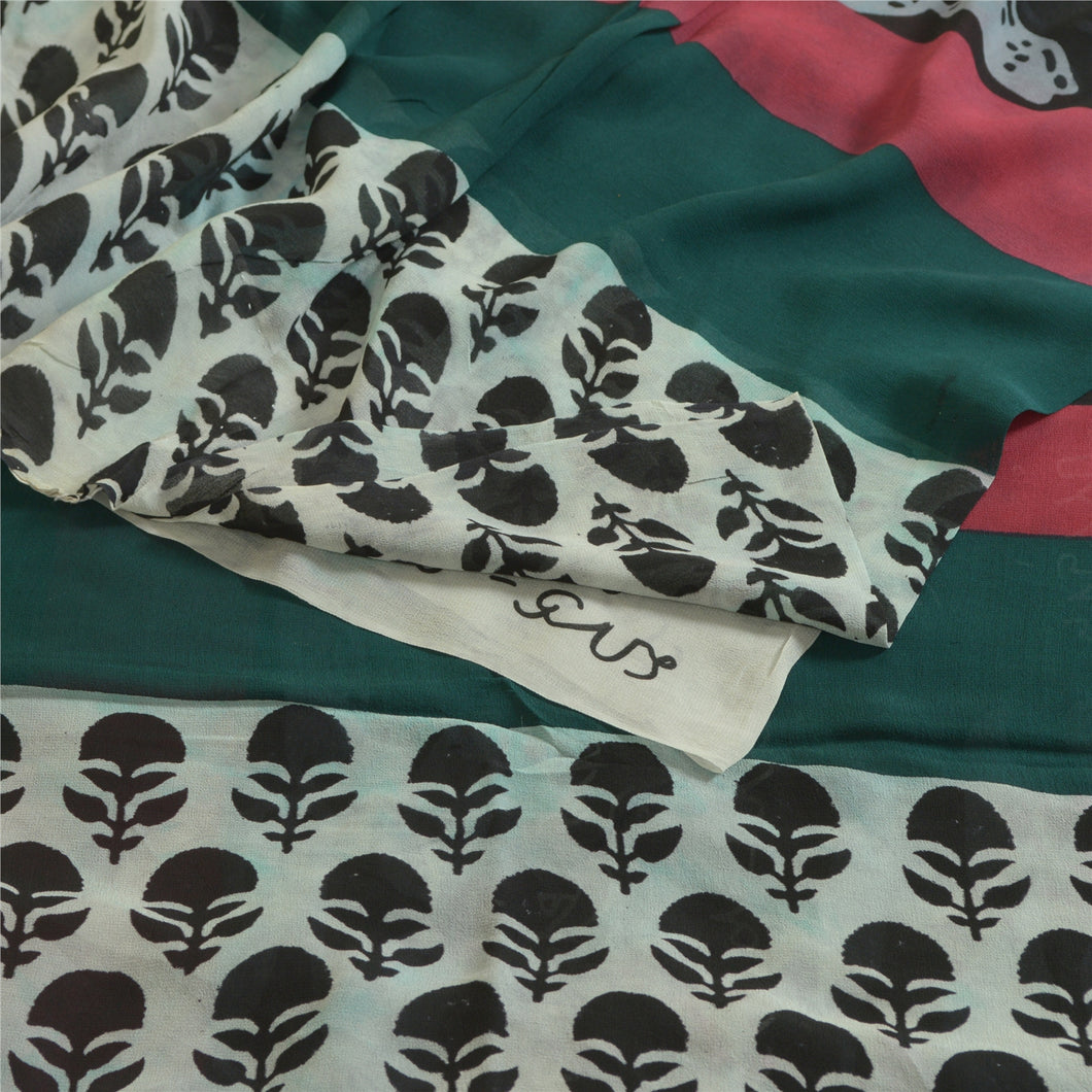 Sanskriti Vintage Sarees Black/Ivory Pure Georgette Silk Printed Sari 5yd Fabric