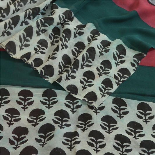 Sanskriti Vintage Sarees Black/Ivory Pure Georgette Silk Printed Sari 5yd Sustainable Fabric