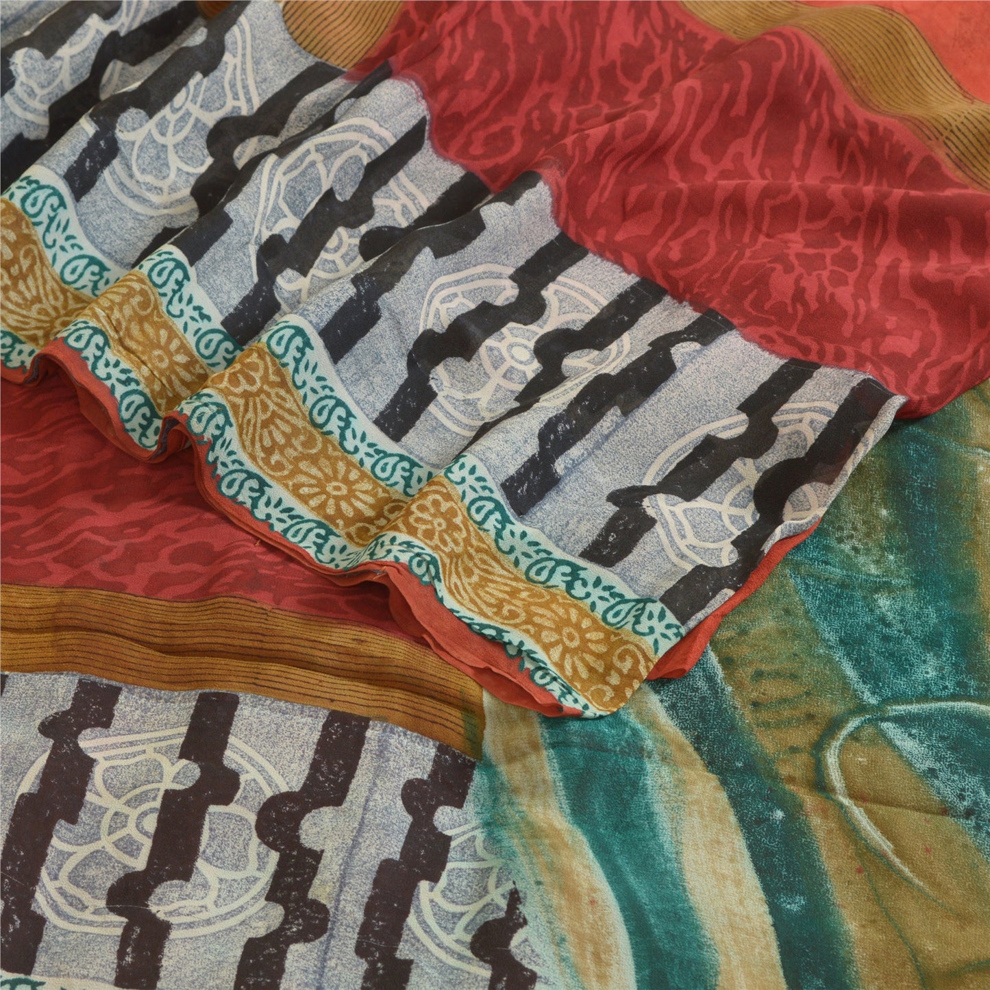 Sanskriti Vintage Sarees Orange Pure Georgette Silk Printed Sari Craft Sustainable Fabric