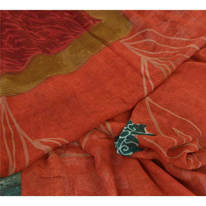 Sanskriti Vintage Sarees Orange Pure Georgette Silk Printed Sari Craft Sustainable Fabric