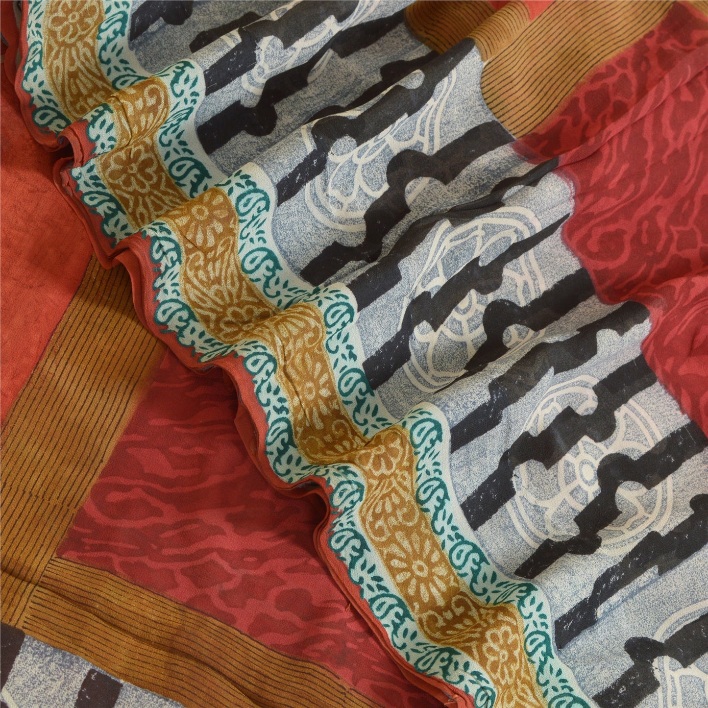 Sanskriti Vintage Sarees Orange Pure Georgette Silk Printed Sari Craft Sustainable Fabric