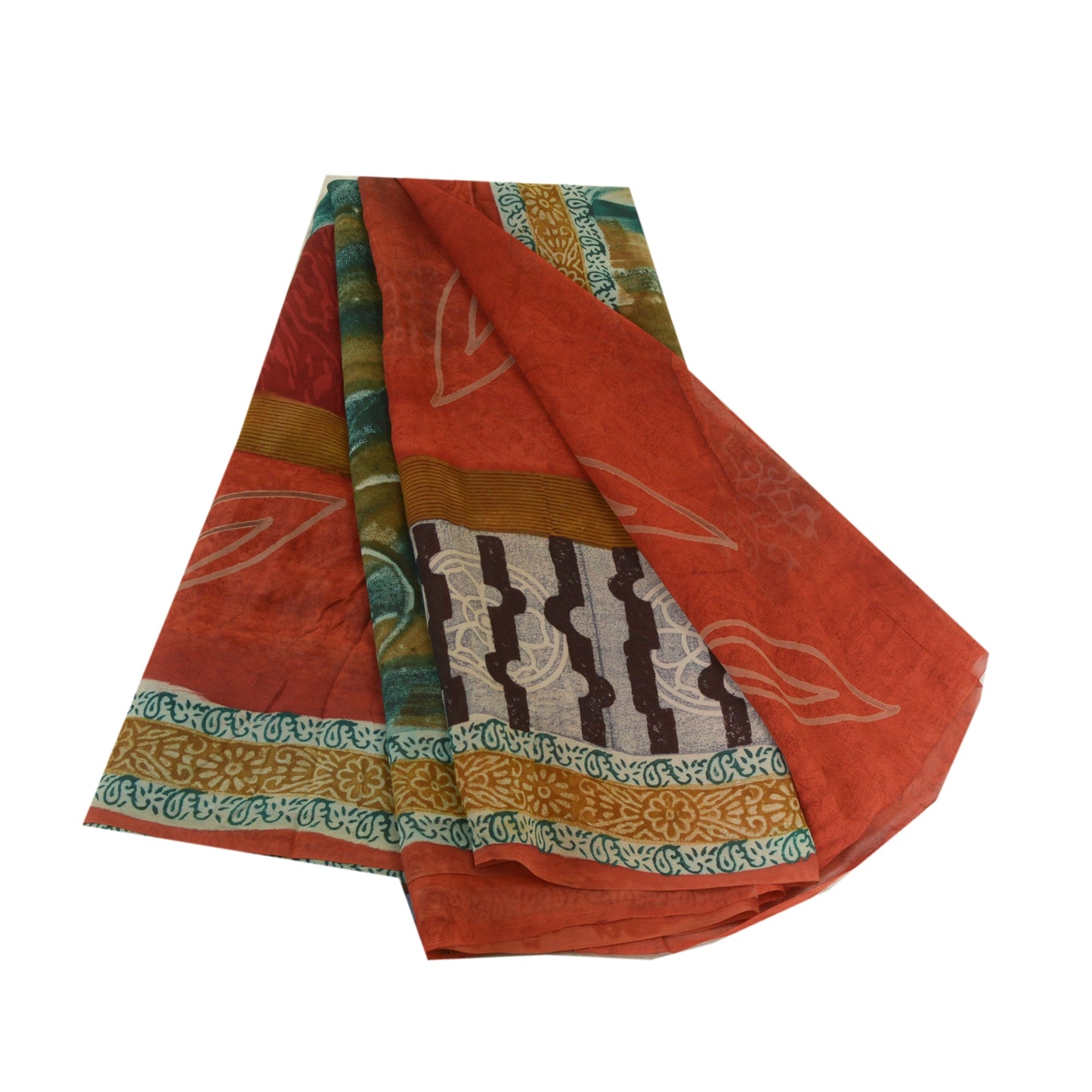 Sanskriti Vintage Sarees Orange Pure Georgette Silk Printed Sari Craft Sustainable Fabric