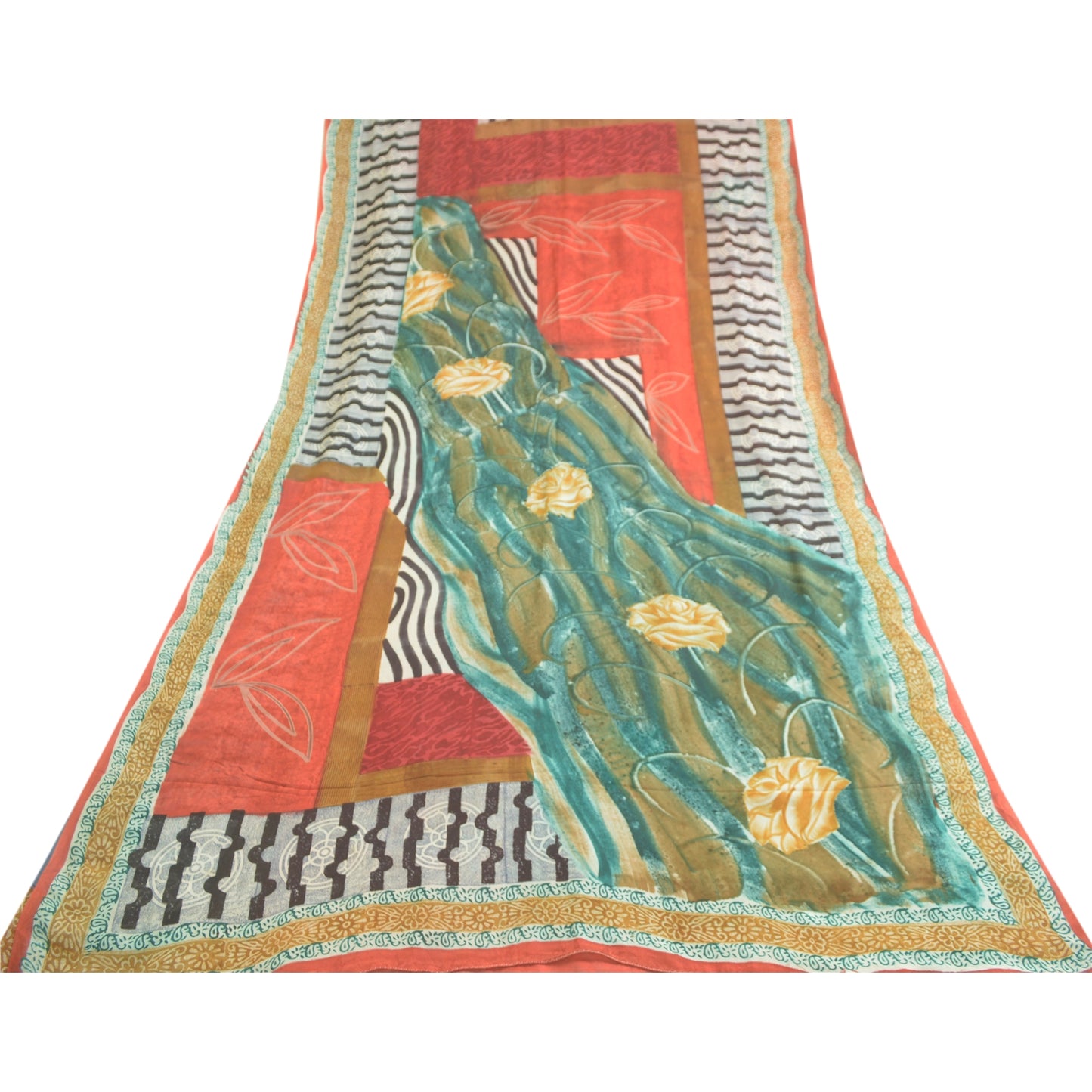 Sanskriti Vintage Sarees Orange Pure Georgette Silk Printed Sari Craft Sustainable Fabric