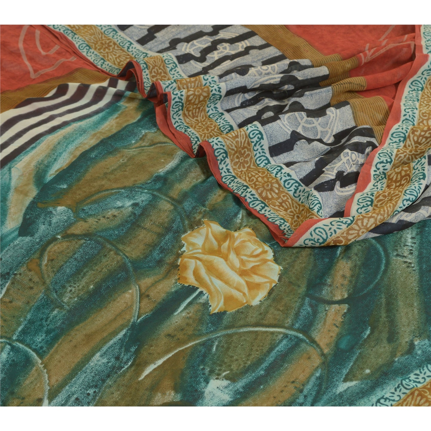 Sanskriti Vintage Sarees Orange Pure Georgette Silk Printed Sari Craft Sustainable Fabric