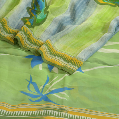 Sanskriti Vintage Sarees Green Pure Georgette Silk Printed Sari 5yd Craft Sustainable Fabric