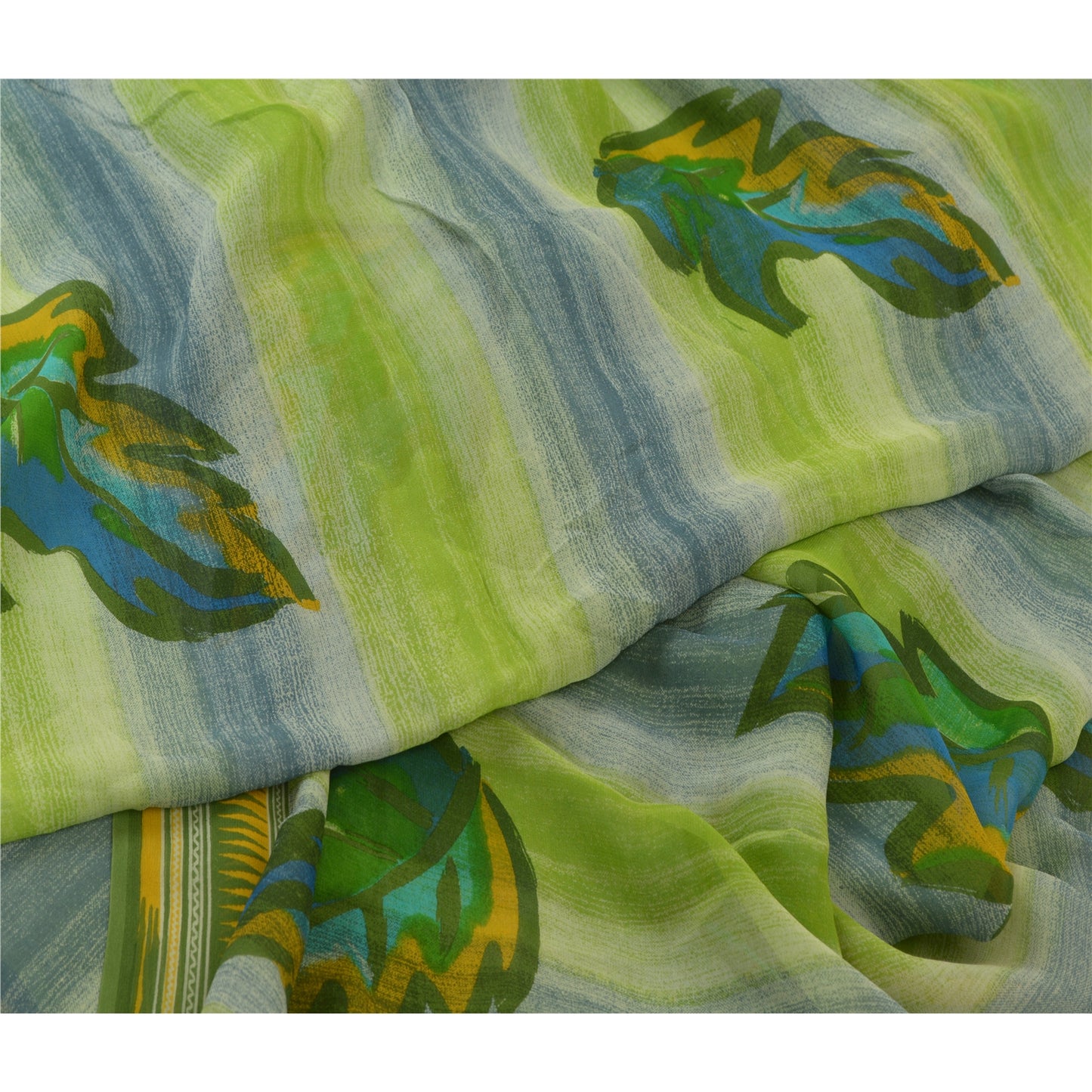 Sanskriti Vintage Sarees Green Pure Georgette Silk Printed Sari 5yd Craft Sustainable Fabric