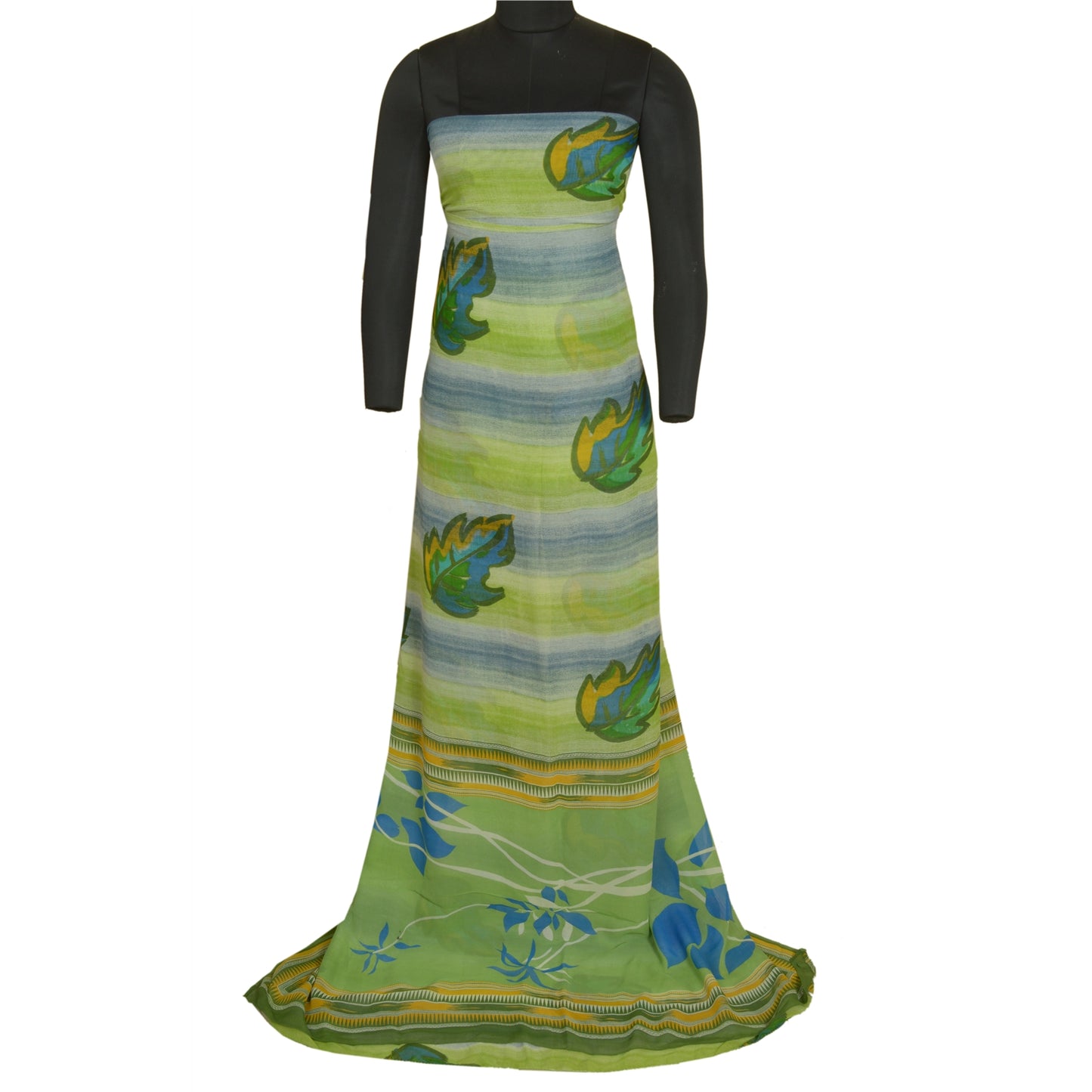 Sanskriti Vintage Sarees Green Pure Georgette Silk Printed Sari 5yd Craft Sustainable Fabric